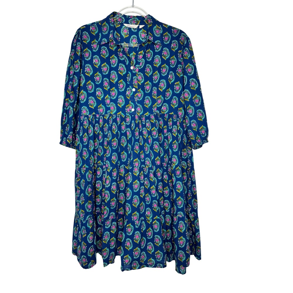Divena Babydoll Dress Size L Blue Pink Paisley Block Print Cotton 3/4 Sleeve